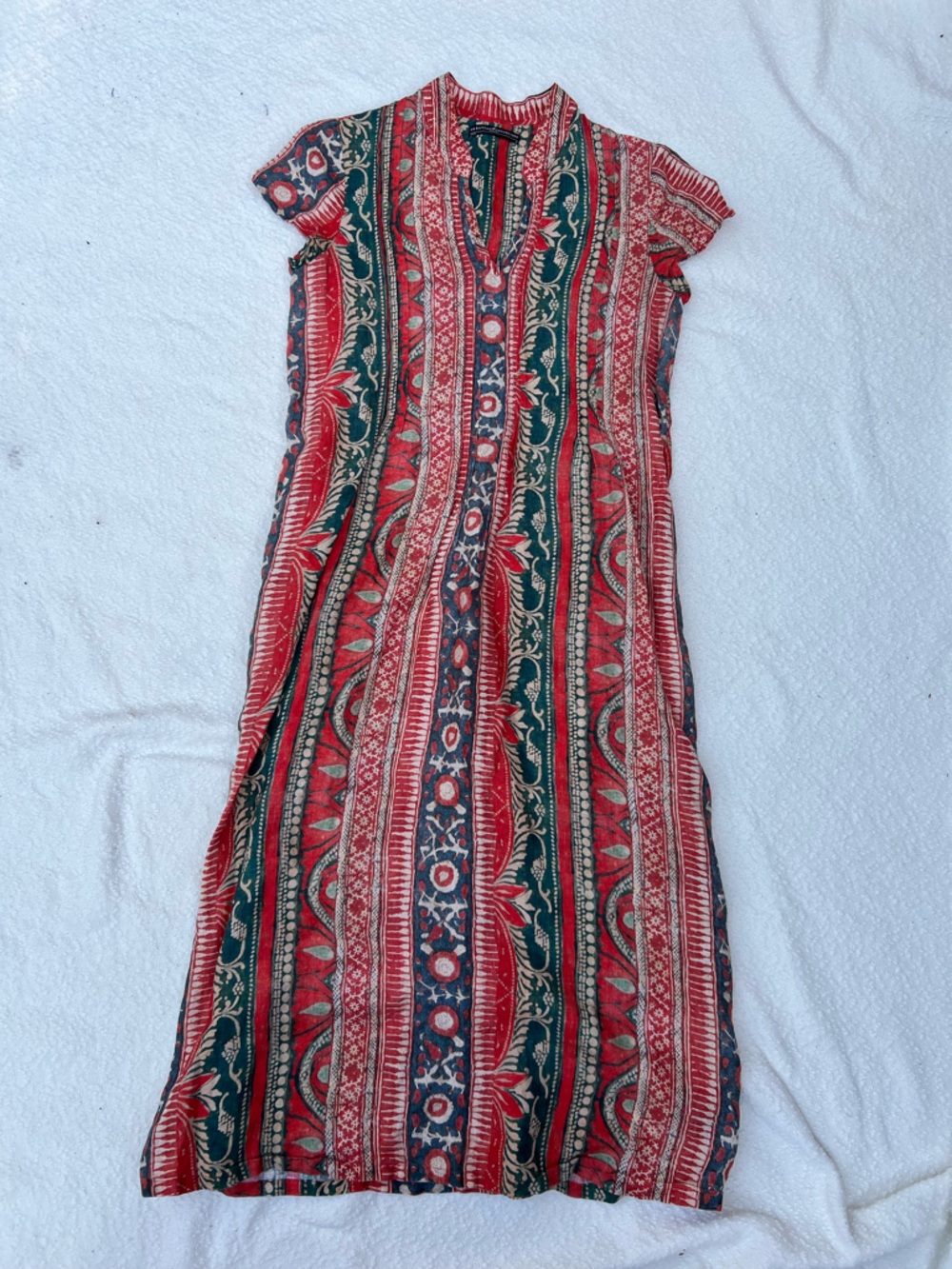 Peruvian Connection 100% Linen Artisan Print Maxi Dress | Size Small